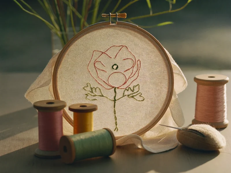 Telaio da ricamo con fiori a metà su lino naturale, filati e astuccio di aghi.